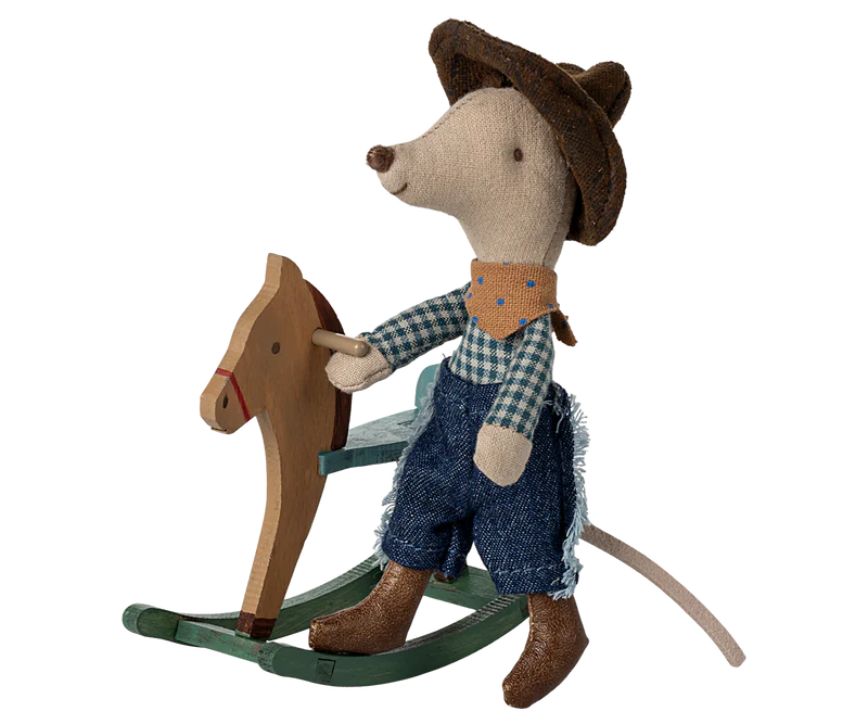 Cowboy mouse on rocking horse, Little brother